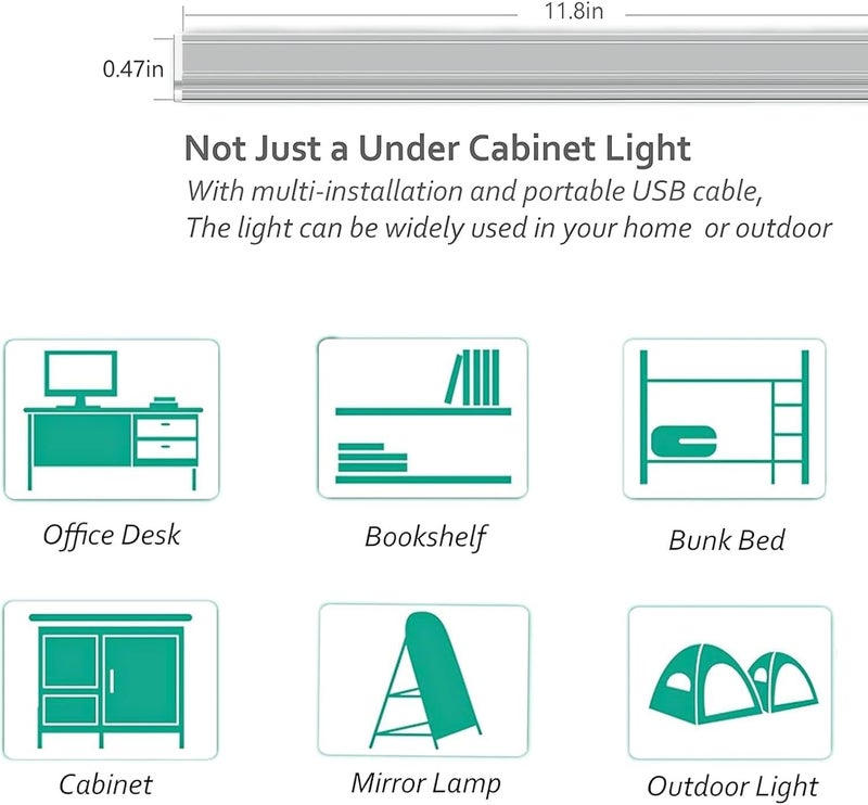 ASOCO Under Cabinet Led Lighting, 12 Inch Light Strip Bar, Daylight White 5000K Dimmable Plug in USB Light, Small Thin Led Under Counter Lighting for Kitchen/Room/Shelf/Desk/Display Case - Image 3